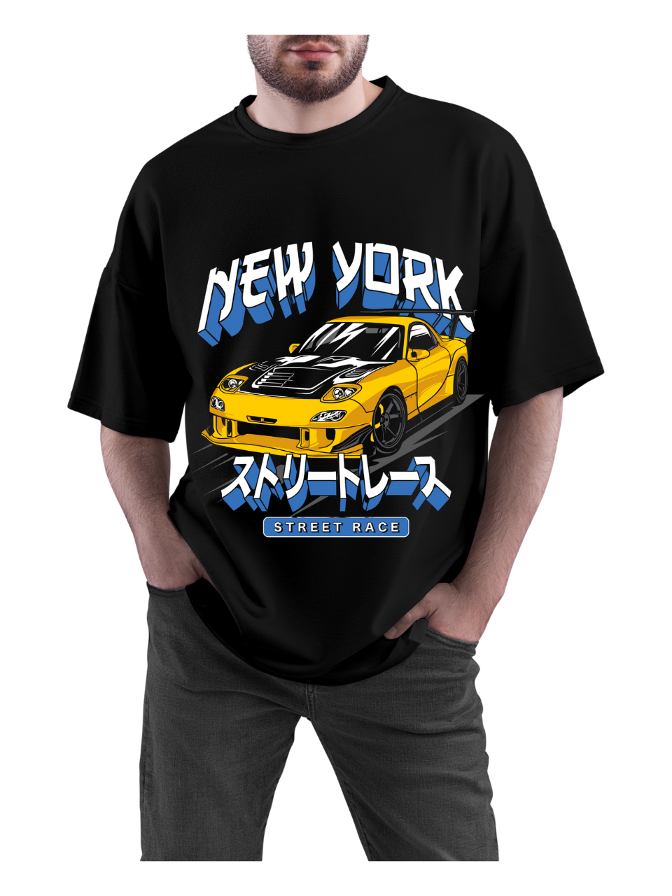 New York Street Race – JDM Style Yellow Sports Car Graphic T-Shirt